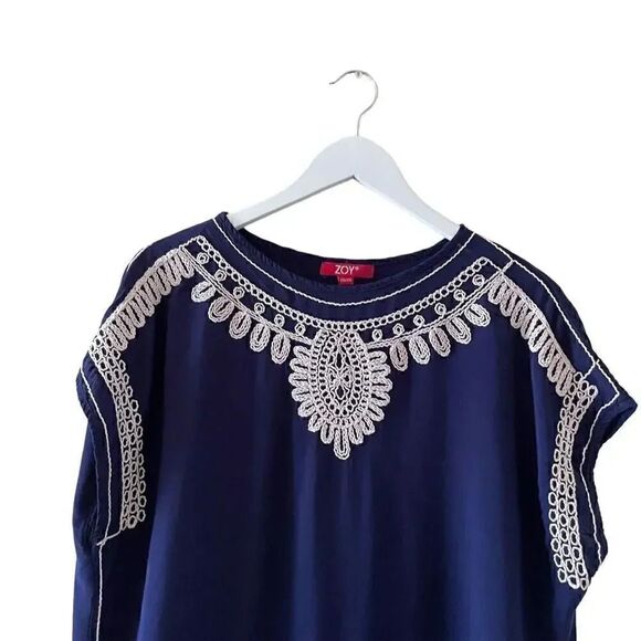 ZOY  Women’s Navy Embroiderer Crewneck Short Sleeves Blouse SZ XXL #1072 - Picture 3 of 13